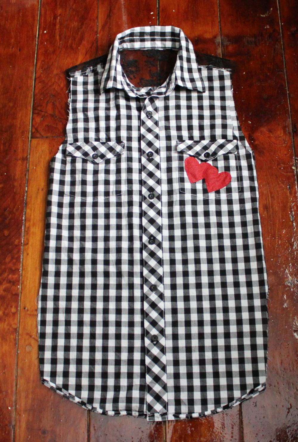 Reconstructed Black And White Punk Rock Top With Red Hearts