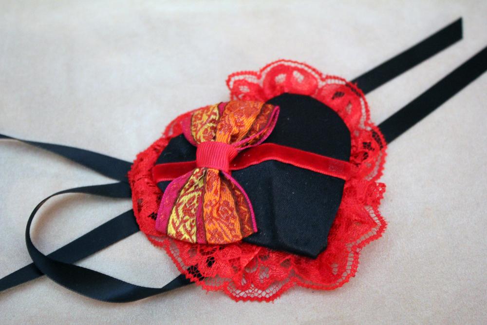Black Satin Heart Eye Patch With Red Lace And Ribbon Bow And Black Ribbon Tiesblack Satin Heart Eye Patch With Red Lace And Ribbon Bow And Black
