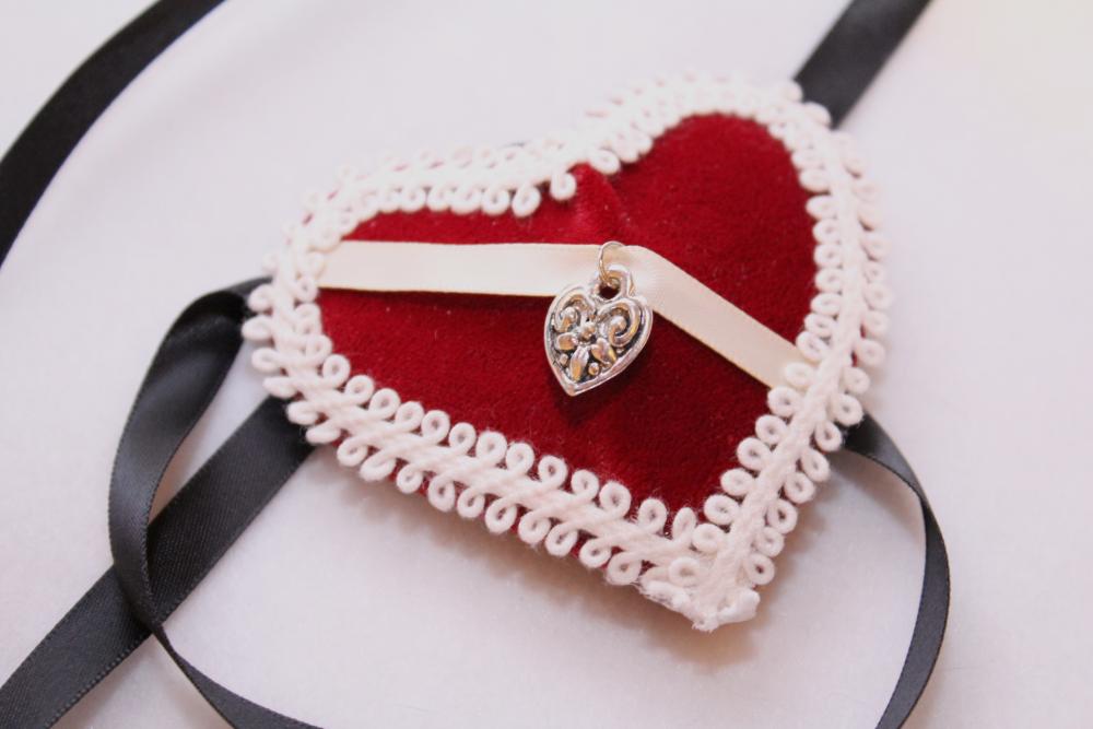 Red Velvet Heart Eyepatch Eye Patch White Trim Cream Satin Ribbon With Heart Charm With Black Ribbon Ties