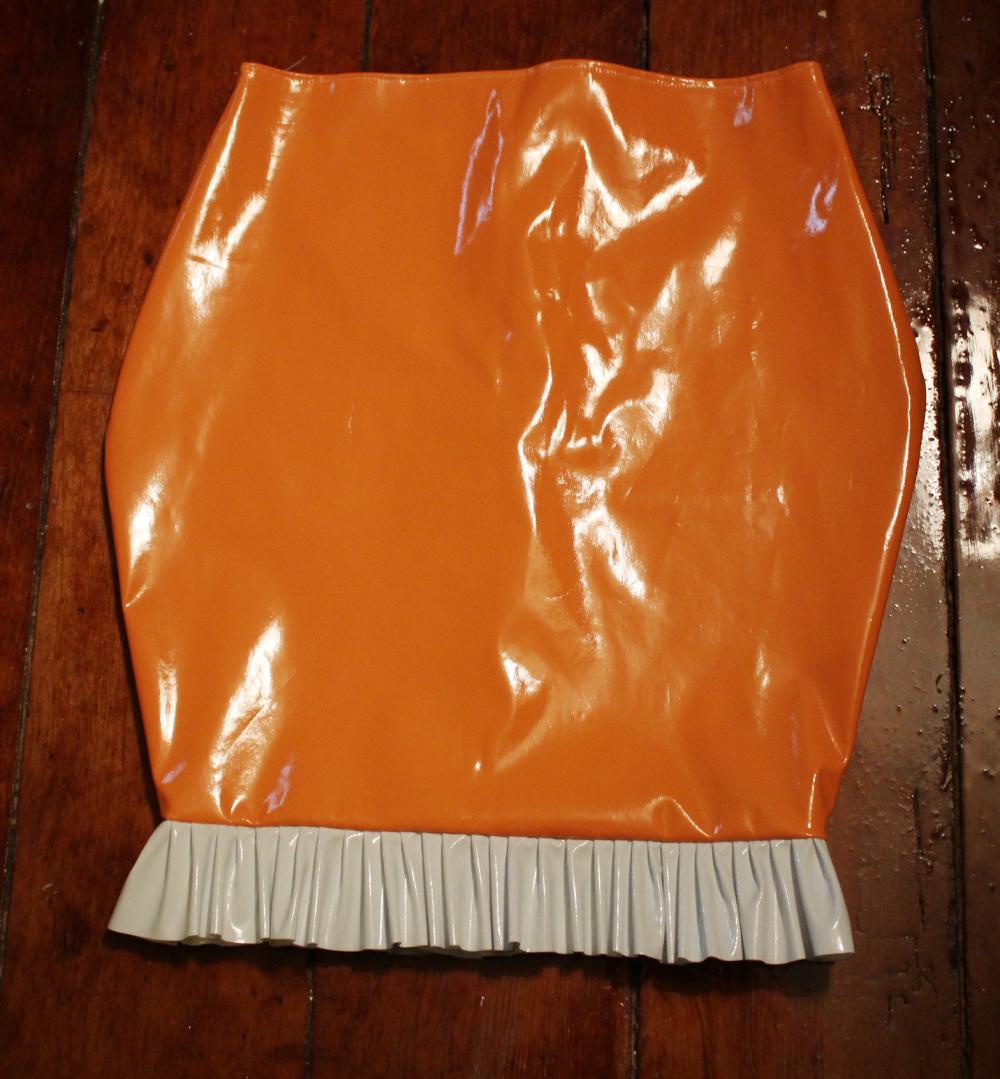 Orange Stretch PVC Pencil Skirt With White Pleather Ruffles Extra Small ...