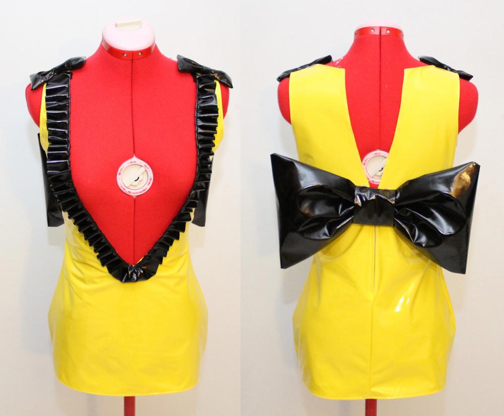 Super Mini Yellow Deep V Stretch Pvc Dress With Black Pleather Ruffles And Bows