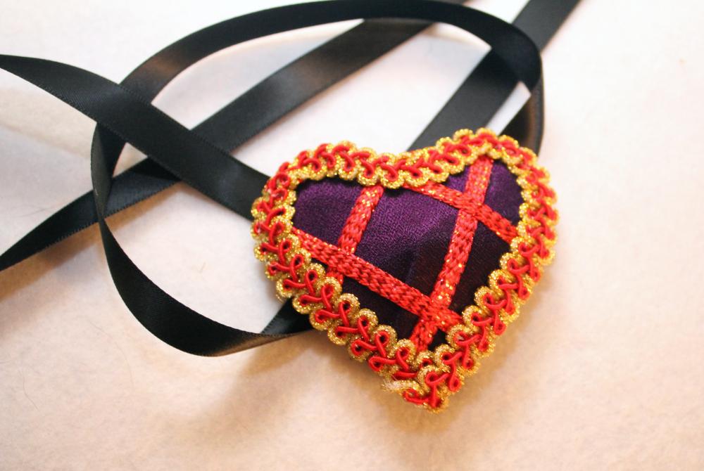 Purple Satin Heart Eyepatch Red/gold Trim With Black Ribbon Ties
