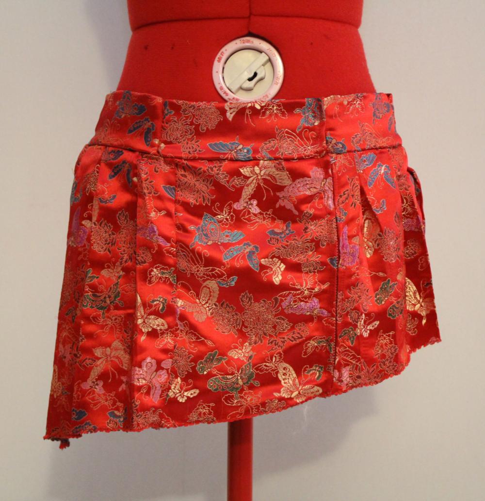 Red Asian Silk With Floral And Butterflies Design Asymmetrical Pleated Skirt Side Zip